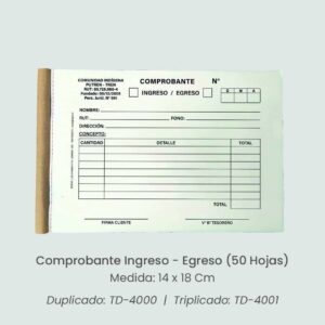 Talonario Tipo Comprobante de Ingreso o Egreso TD-4000, TD-4001